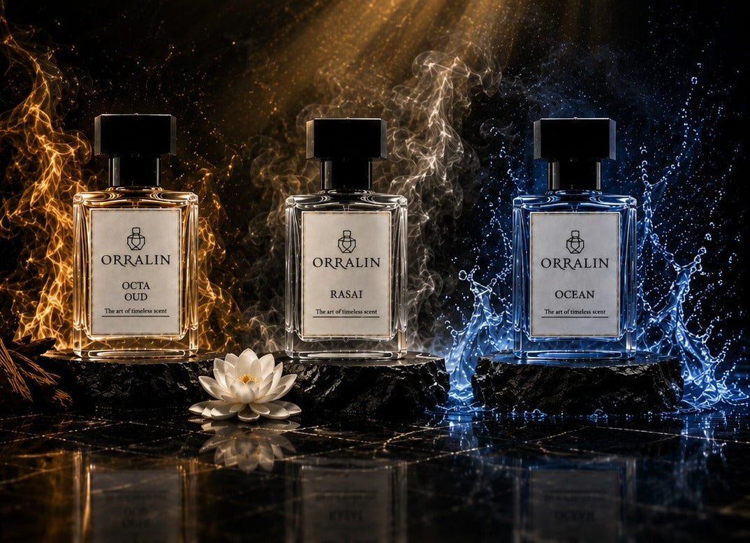 Orralin luxury collection — Octa Oud, Rasai and Ocean bottles, full headroom crop
