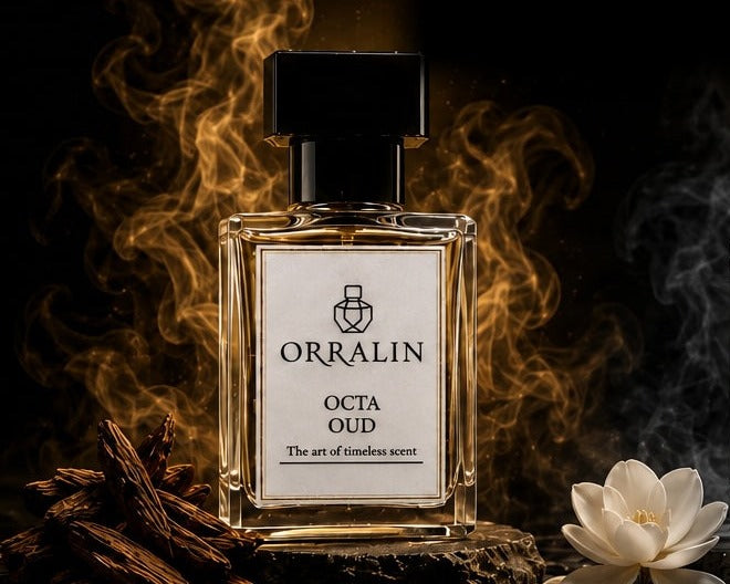 Orralin Octa Oud bottle with golden oud smoke, agarwood and lotus